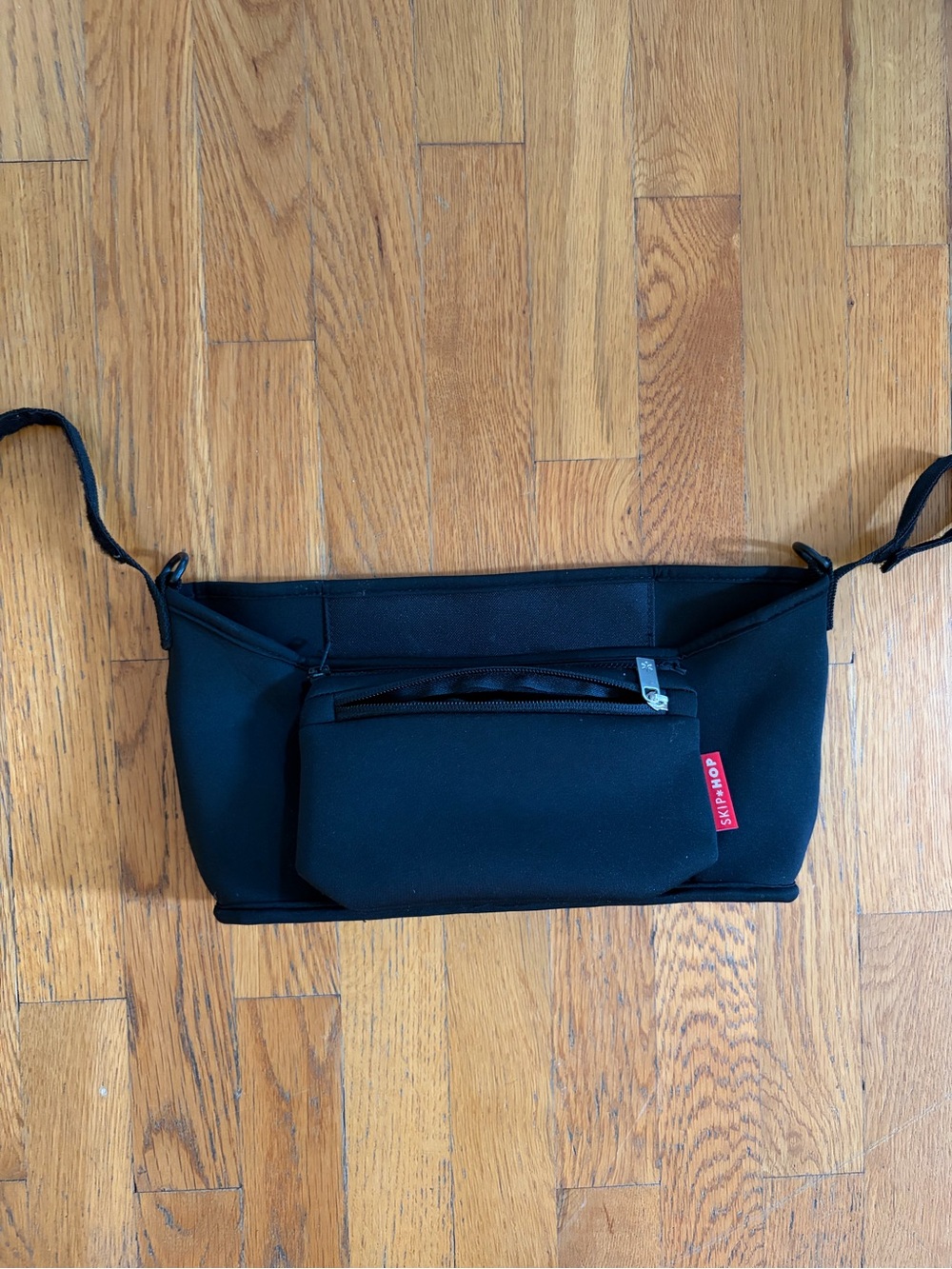 Skip Hop Black Neoprene stroller caddy with Front Zip Pocket